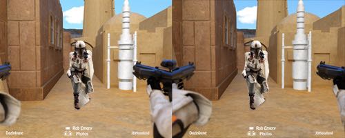 Mandalorian in a shootout with stormtroopers